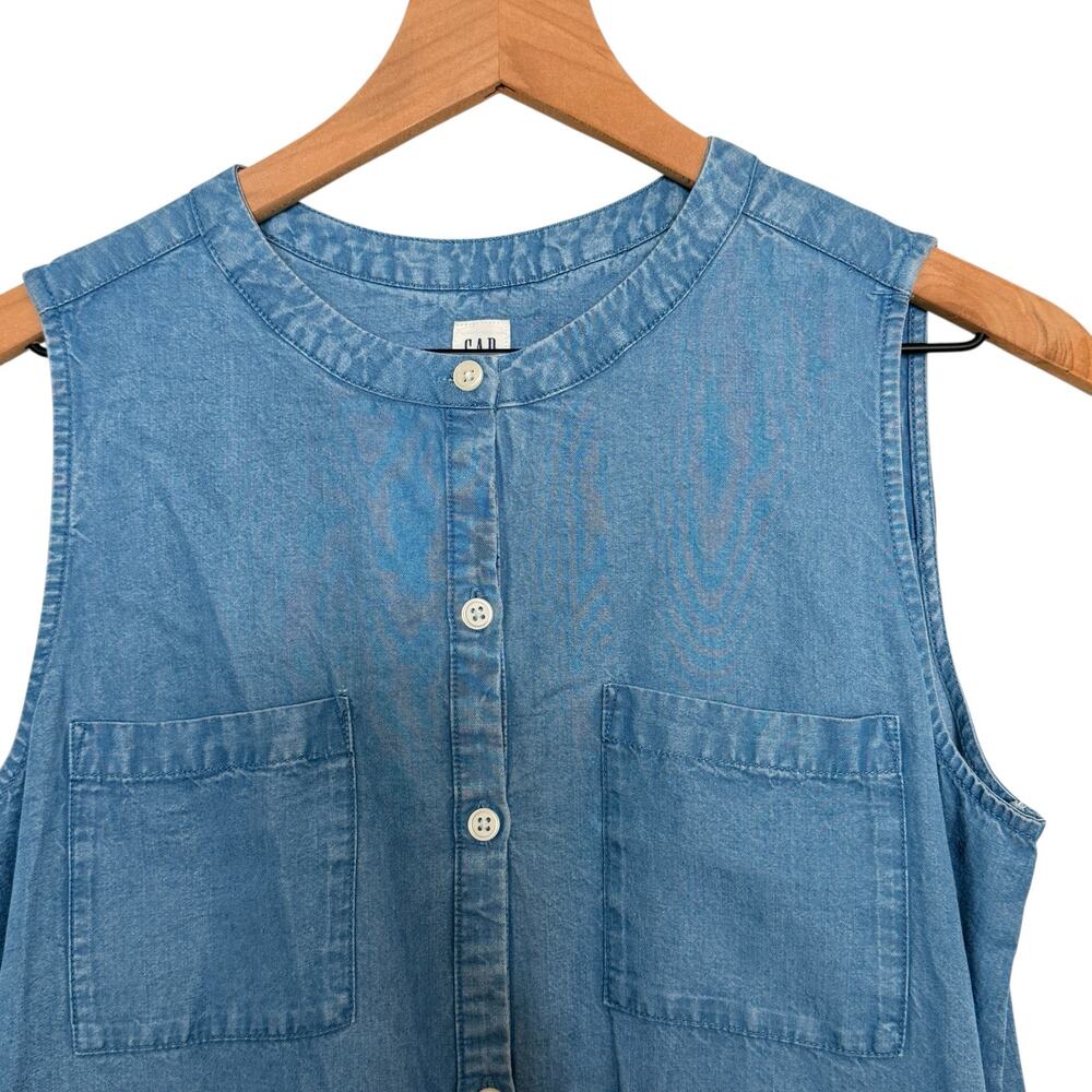 GAP Denim Button Front Dress Petite‎ S Chambray Sleeveless Cottagecore NWT - Picture 4 of 8